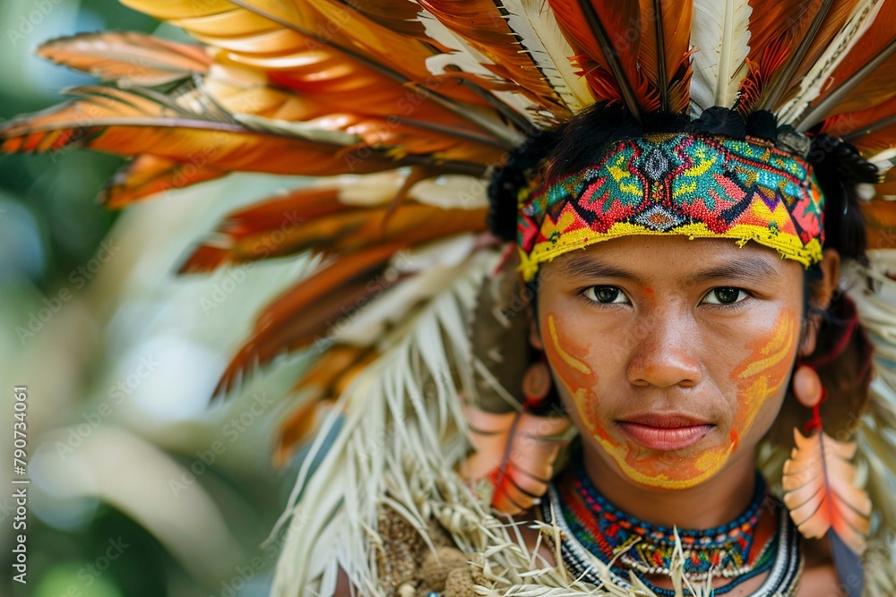 Native American Boy in Colorful Headdress