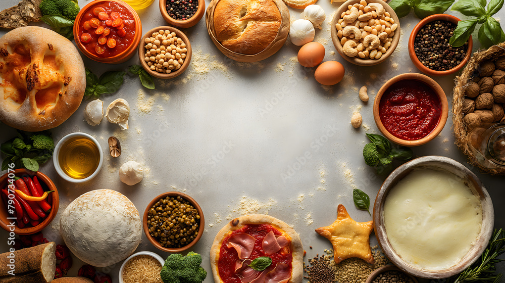 Artisan Homemade Pizza and Ingredients on Rustic Kitchen Background Artisan Homemade Pizza and Ingredients on Rustic Kitchen Background