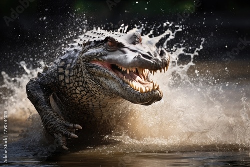 A crocodile lunging from the water to catch a bird. © OhmArt