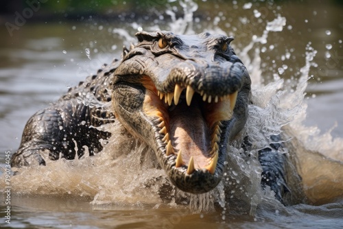 A crocodile lunging from the water to catch a bird.