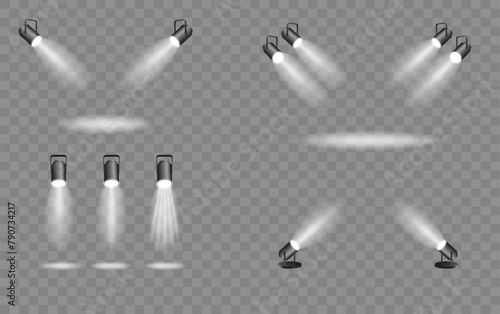 Spotlight lighting. Light source studio lighting walls spotlight. Light beams light effect. Vector