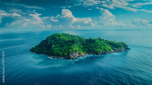 An island surrounded by a blue ocean. 