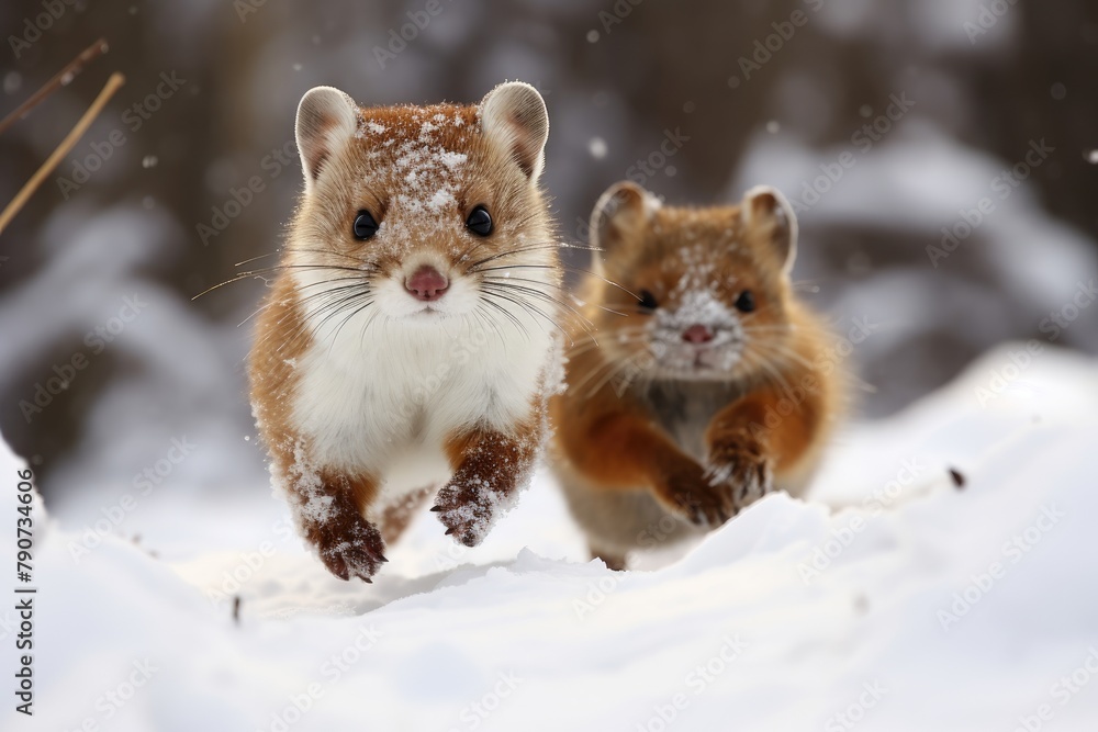 A stoat agilely pursuing a rabbit through the snow. A stoat agilely pursuing a rabbit through the snow.