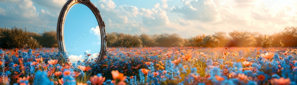A large mirror is in the middle of a field of flowers - obrazy, fototapety, plakaty 