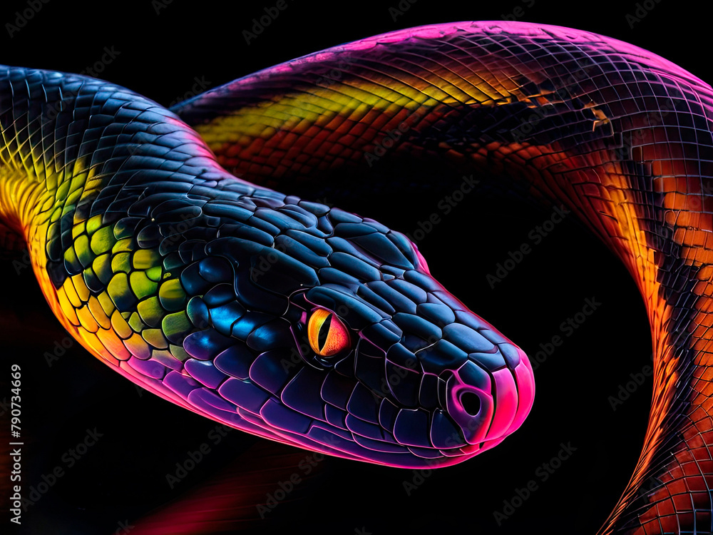 Obraz premium Large image of a snake in neon colors on a black background