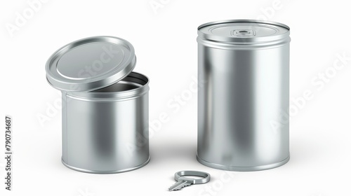 Mockup of a realistic 3D modern mockup of a silver colored aluminium canister for cold drink on a white background with an open key.