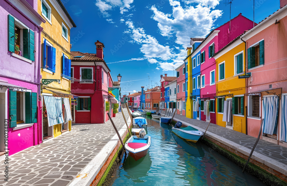 A colorful row of houses along the canal in Burano, Italy with boats docked on both sides and blue sky above