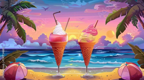 The summer party cartoon banner with ice cream cone and cocktail on a tropical beach dusk background is an invitation to seaside recreation. An ice cream cone is held up in a waffle cup as a seascape
