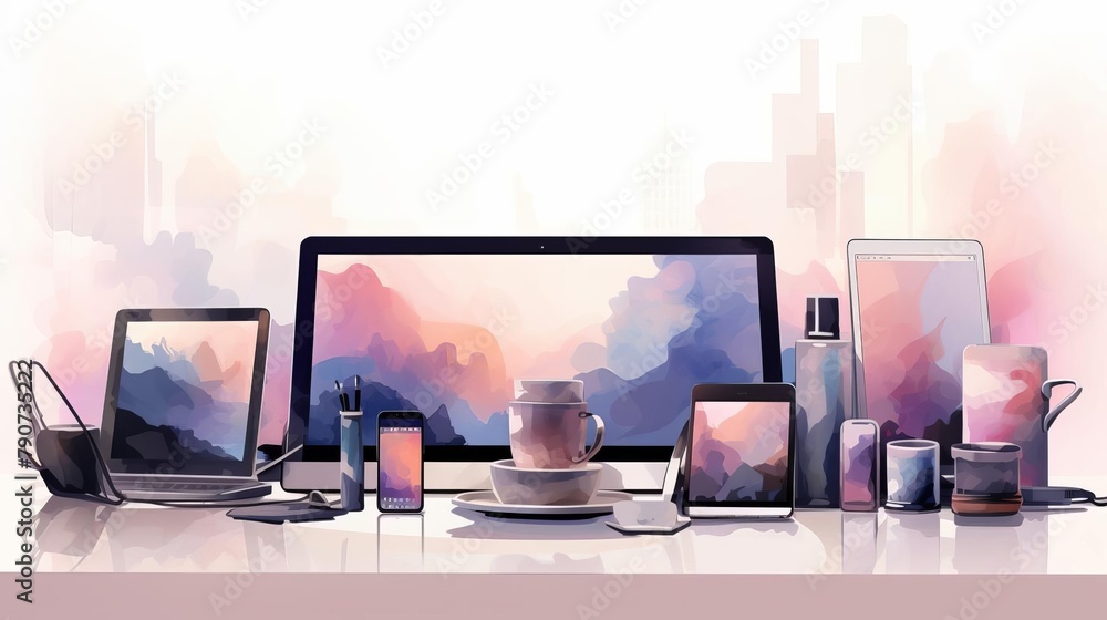 A digital painting of a desk with a laptop, tablet, and smartphone on it. The devices are all displaying the same image of a mountain landscape. The desk is made of wood and has a white background. A digital painting of a desk with a laptop, tablet, and smartphone on it. The devices are all displaying the same image of a mountain landscape. The desk is made of wood and has a white background.