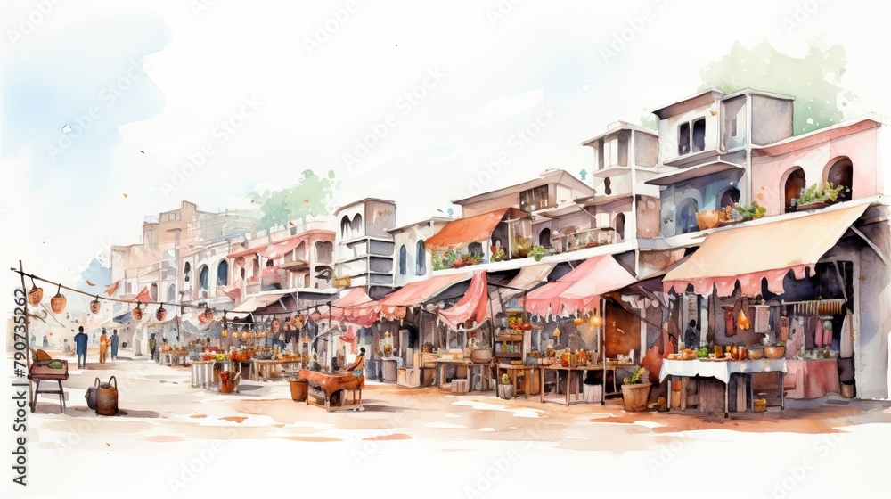 A street market in a Middle Eastern city. The market is full of people buying and selling goods. There are stalls selling food, clothing, and other goods.