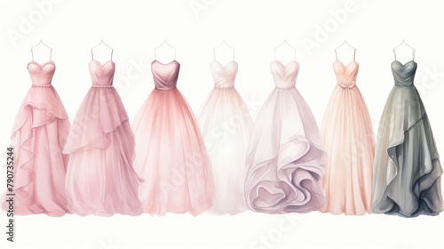 A row of seven watercolor wedding dresses in various shades of pink and gray.
