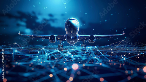 A sleek airplane soars gracefully above a intricate network of lines and dots, creating a beautiful and harmonious blend of technology and art photo