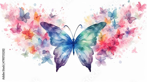 A watercolor painting of a blue and green butterfly with pink, yellow, and purple flowers.