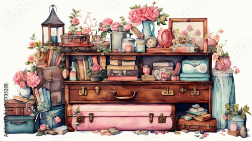 A watercolor painting of a bookshelf filled with books, flowers, and other knick-knacks. photo