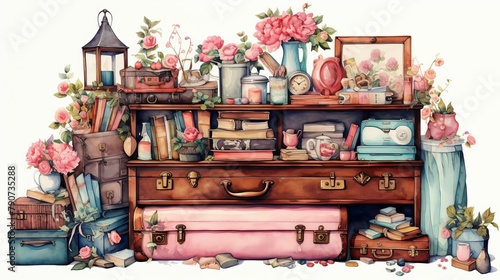 A watercolor painting of a bookshelf filled with books, flowers, and other knick-knacks.