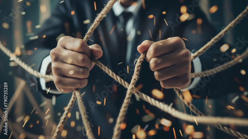 Hands in a suit forcefully tear through ropes as sparks fly around, illustrating struggle and breakthrough.