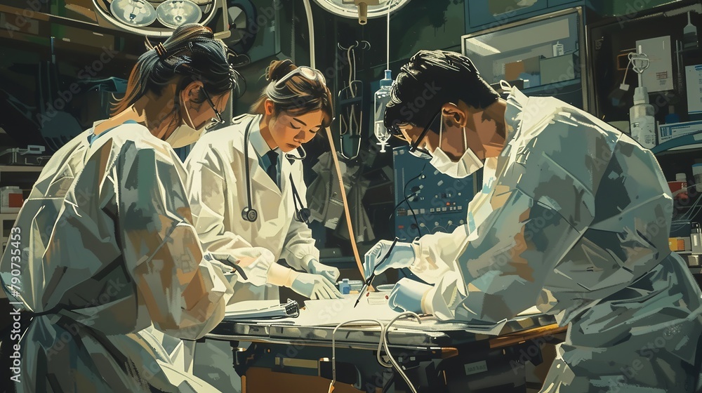 A dynamic scene of a medical team diagnosing a patient where the intensity and focus of the moment are captured in the depth of gouache paints A dynamic scene of a medical team diagnosing a patient where the intensity and focus of the moment are captured in the depth of gouache paints