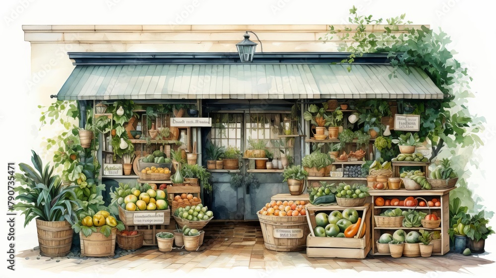 A watercolor painting of a quaint greengrocer's shop with a blue awning.