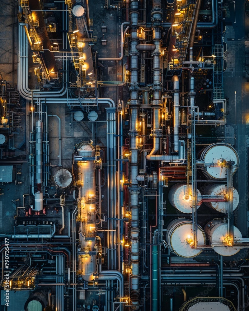 Aerial view of hydrogen gas plant, soft morning light, birds eye perspective, highlighting scale and efficiency