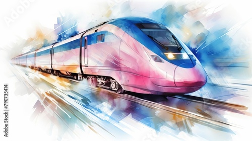 A watercolor painting of a high-speed train in motion.