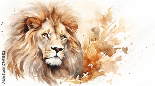 A watercolor painting of a lion s face with a white background
