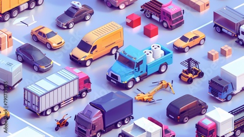 This isometric web banner depicts a sedan, electric car, freight truck, forklift, refrigerator van, quadcopter, and other transport vehicles. photo