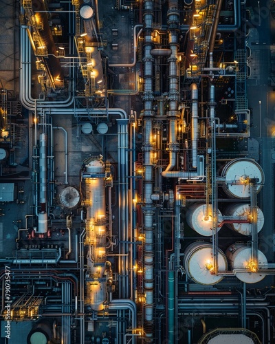 Aerial view of hydrogen gas plant, soft morning light, birds eye perspective, highlighting scale and efficiency