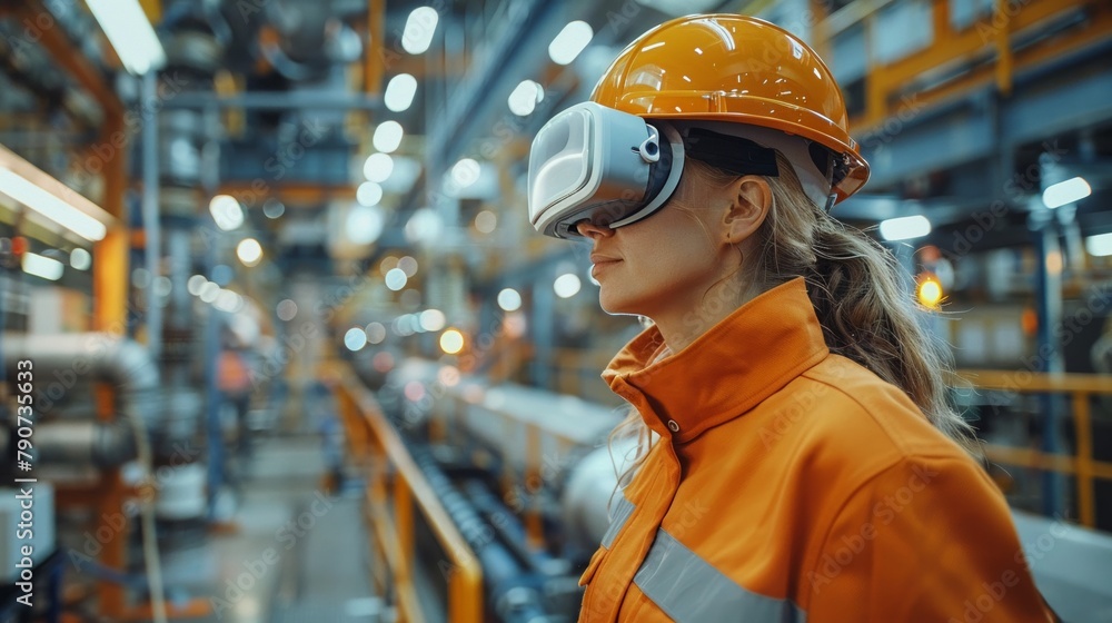 Engineer with AR glasses inspecting a production line, blending digital expertise in an industrial landscape 