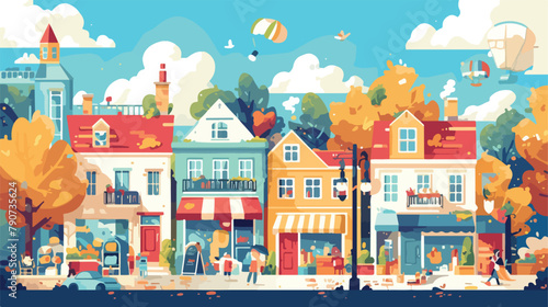 Cartoon cute suburban countryside street of a color