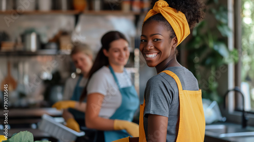 Cheerful woman wearing a headscarf and apron smiles brightly in a sunlit kitchen, with coworkers in the background.