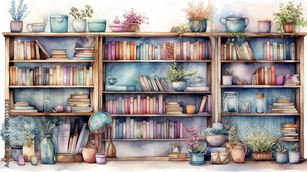 Watercolor painting of a wooden bookshelf filled with books, plants, and other knick-knacks.