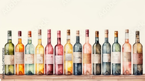 watercolor painting of a variety of wine bottles