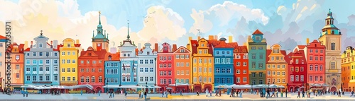 A historic cityscape filled with tourists sightseeing each building and street painted with detailed gouache to highlight the beauty of exploration