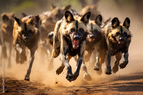 A pack of African wild dogs chasing down a wildebeest.