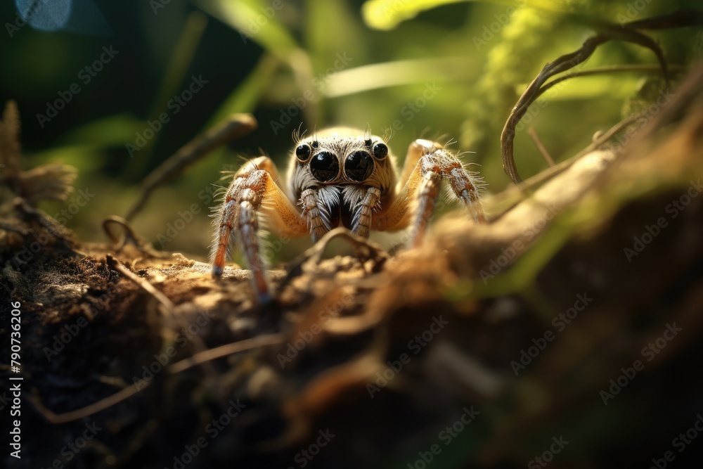A spider hunting by actively stalking its prey. A spider hunting by actively stalking its prey.