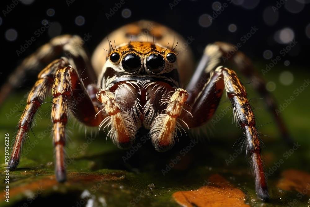 A spider hunting by actively stalking its prey. A spider hunting by actively stalking its prey.