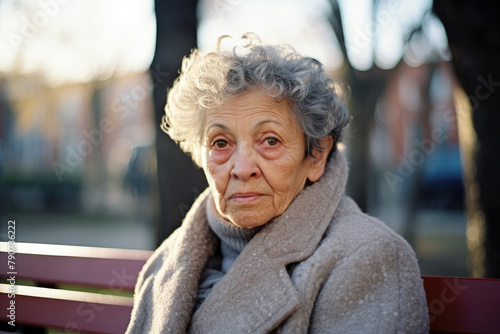 Pensive Elderly Hispanic Woman with Grey Hair and Winter Coat Seated on a Park Bench