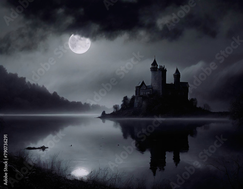 夜の湖の畔に建つ廃墟の城と満月4