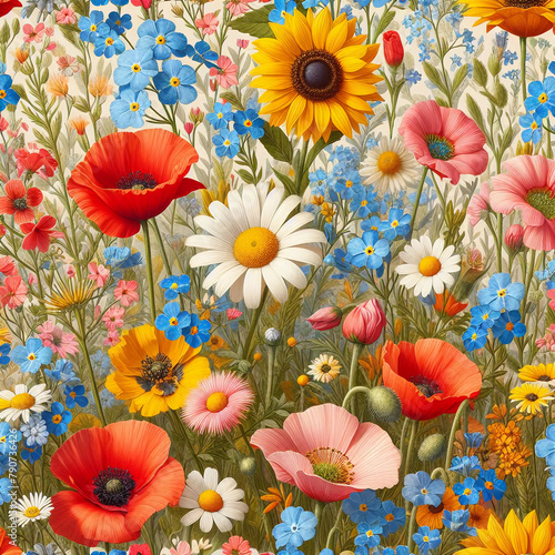 Watercolor Summer Flower Background Illustration.  © F@natka