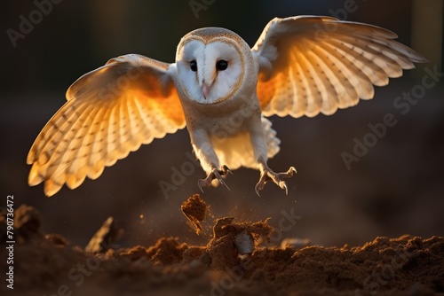 A barn owl silently swooping down to catch a mouse.
