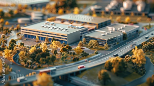 Detailed model of a logistics park highlighting infrastructure and facilities
