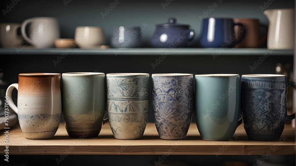 A set of mismatched mugs lined up on a kitchen shelf, each telling its own unique story A set of mismatched mugs lined up on a kitchen shelf, each telling its own unique story