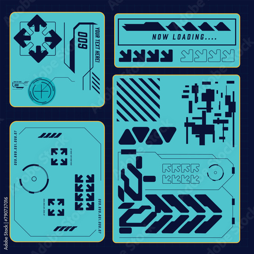 cyberpunk scifi gaming futuristic icon hud pattern seamless set collection template, 2d illustration rendering vector