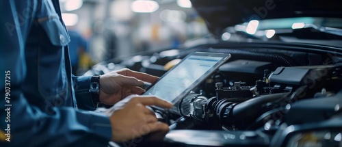 An expert inspects the engine bay by using a tablet computer with interactive diagnostics software. The manager uses the tablet computer to find broken components in the engine bay.