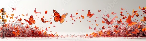 A banner of butterflies flying in the air with a red background © AnuStudio