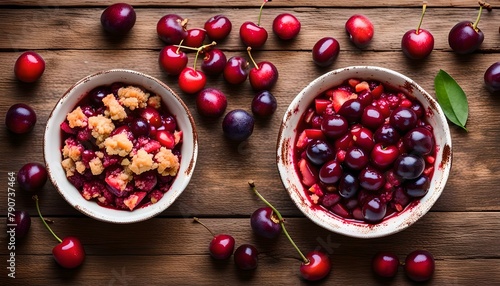 Cherry, red berry and plum crumble in bowl on wooden background. Top view. Copy space.
 photo