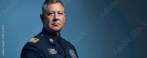 police officer in full uniform exudes authority and professionalism against blue backdrop. banner photo