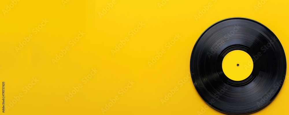 Obraz premium classic vinyl record against a solid bright yellow background, evoking a retro yet modern feel.