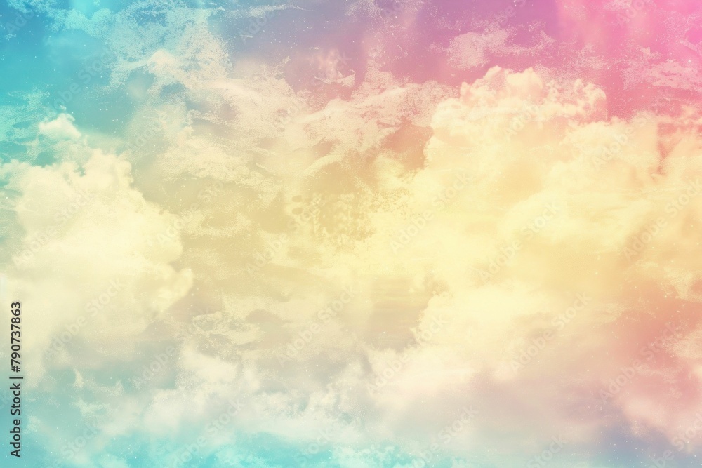 Gradient pastel sky with fluffy clouds in pink, blue, and yellow tones, creating a dreamy and serene atmosphere