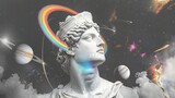 dark,gold,A white marble statue of the Greek god, with his head raised and a rainbow halo around it
